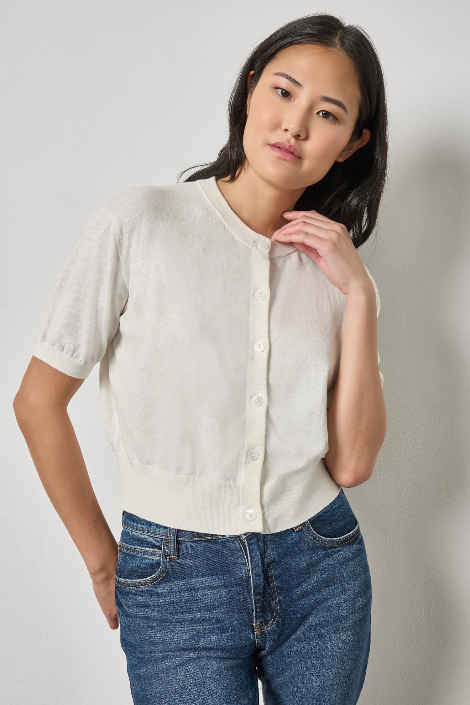 Short Sleeve Cardigan Womens Sweater White Linen A1