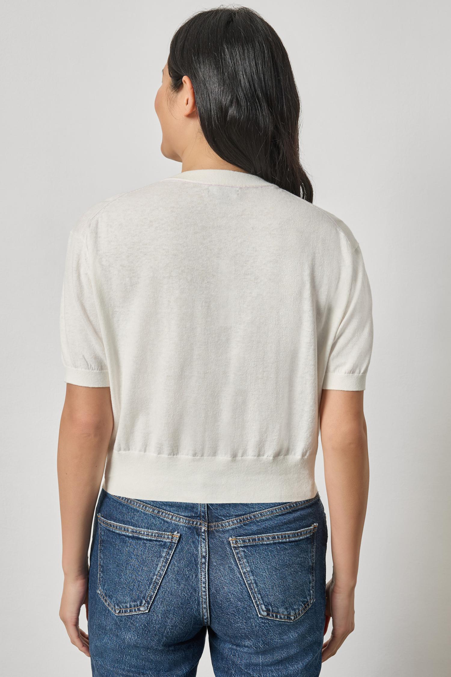 Short Sleeve Cardigan Womens Sweater White Linen A2