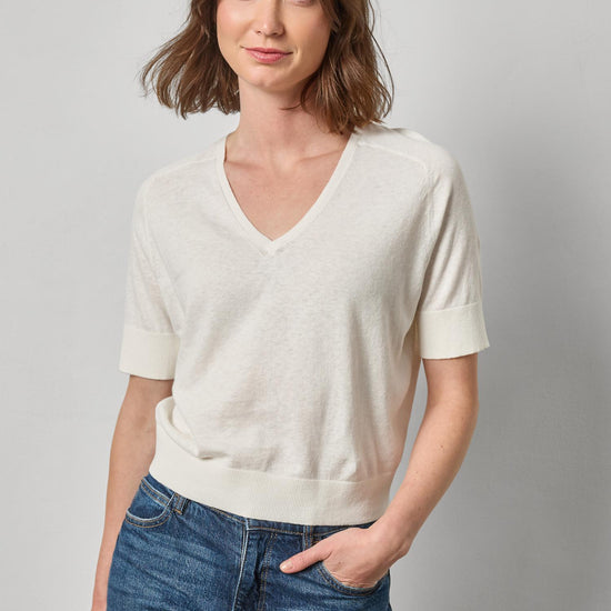 V-Neck Saddle Sleeve Sweater in color White Linen Image A1