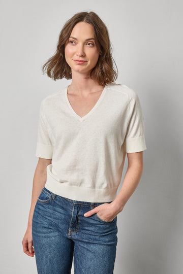 V-Neck Saddle Sleeve Sweater Womens Sweater White Linen A1