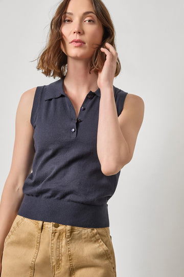 Sleeveless Polo Sweater Womens Sweater Navy A1