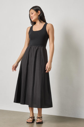 Mixed Media Scoop Neck Dress Womens Dress Black A1
