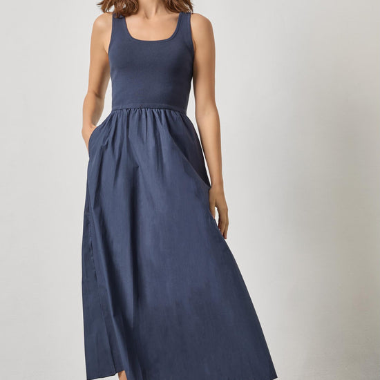 Mixed Media Scoop Neck Dress Womens Dress Navy A1