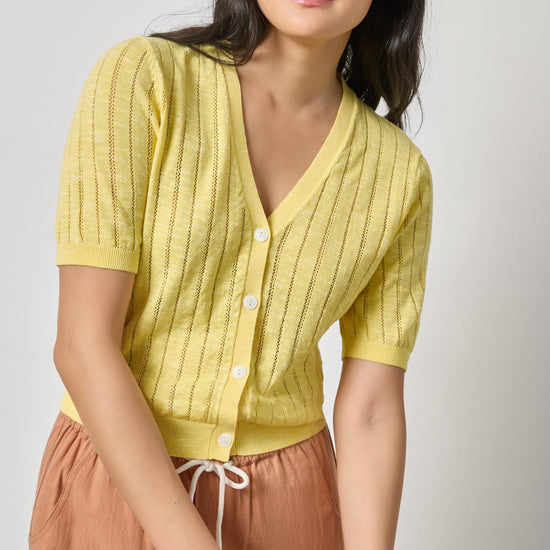 Open Stitch V-Neck Cardigan Womens Sweater Lemon A1