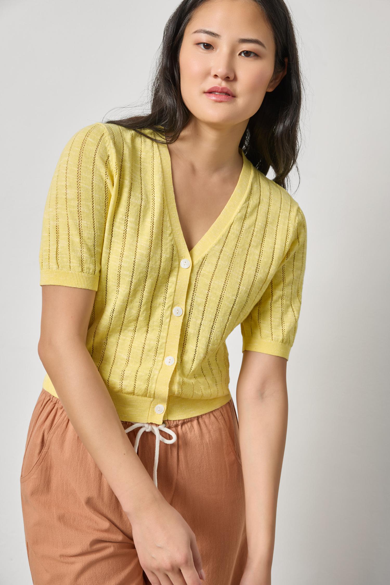 Open Stitch V-Neck Cardigan Womens Sweater Lemon A1