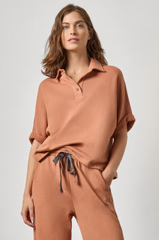 Oversized Terry Polo Womens Top Carob A1