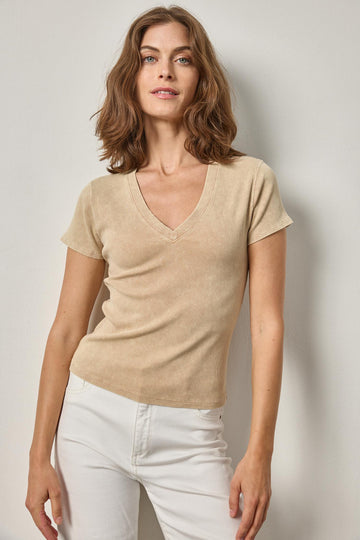 Sunwashed Cap Sleeve V-Neck Womens Top Burlap Wash A1