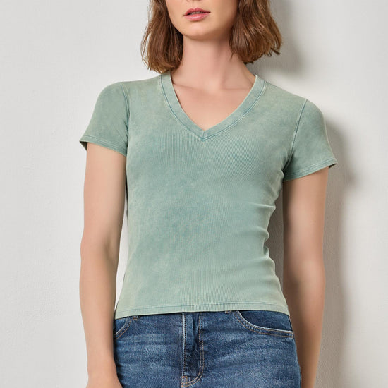 Sunwashed Cap Sleeve V-Neck Womens Top Seagreen Wash A1