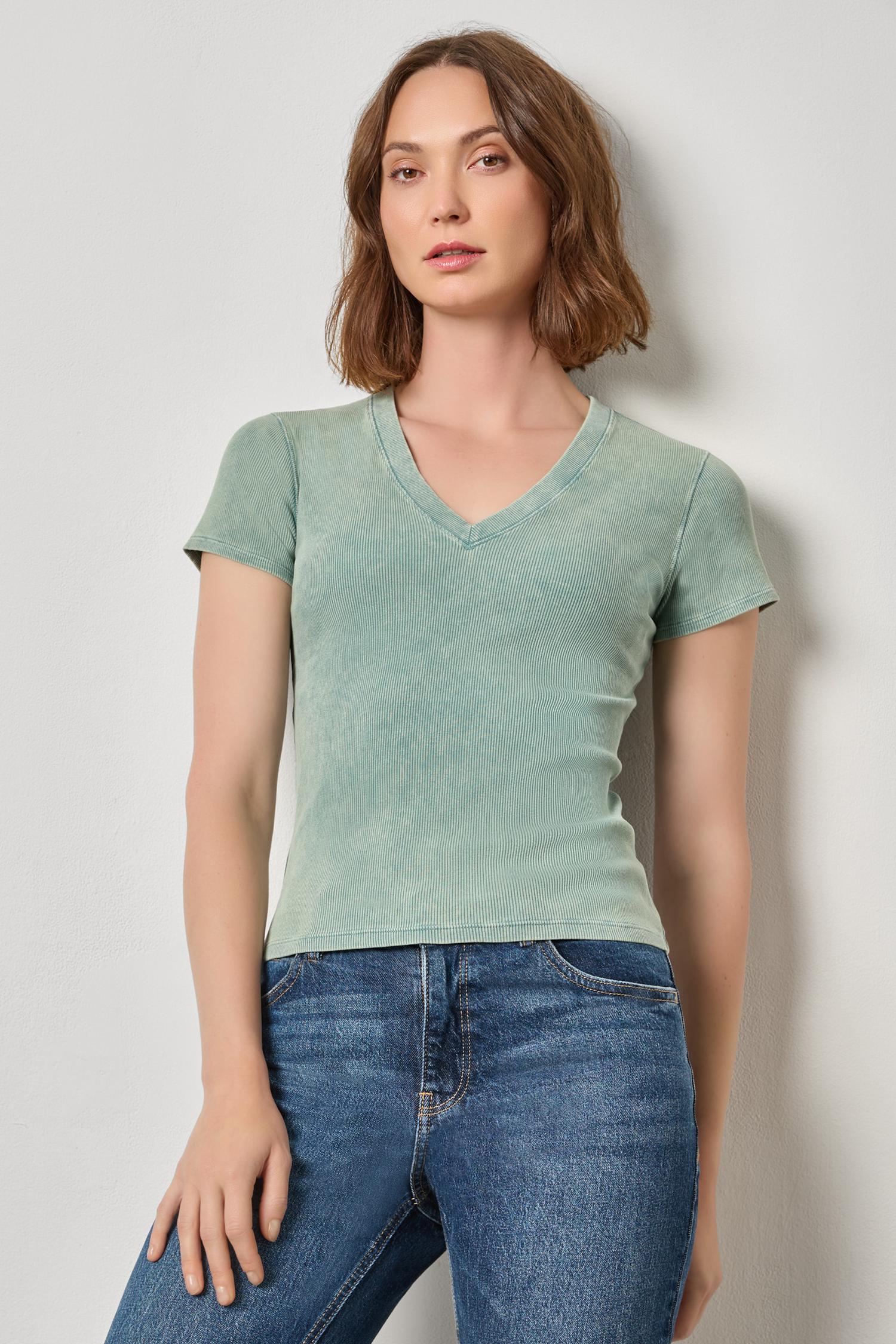 Sunwashed Cap Sleeve V-Neck Womens Top Seagreen Wash A1