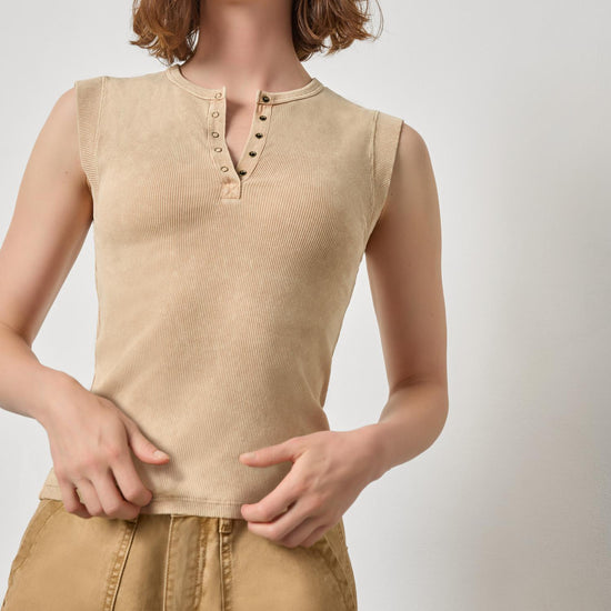 Sunwashed Cap Sleeve Henley Womens Top Burlap Wash A1
