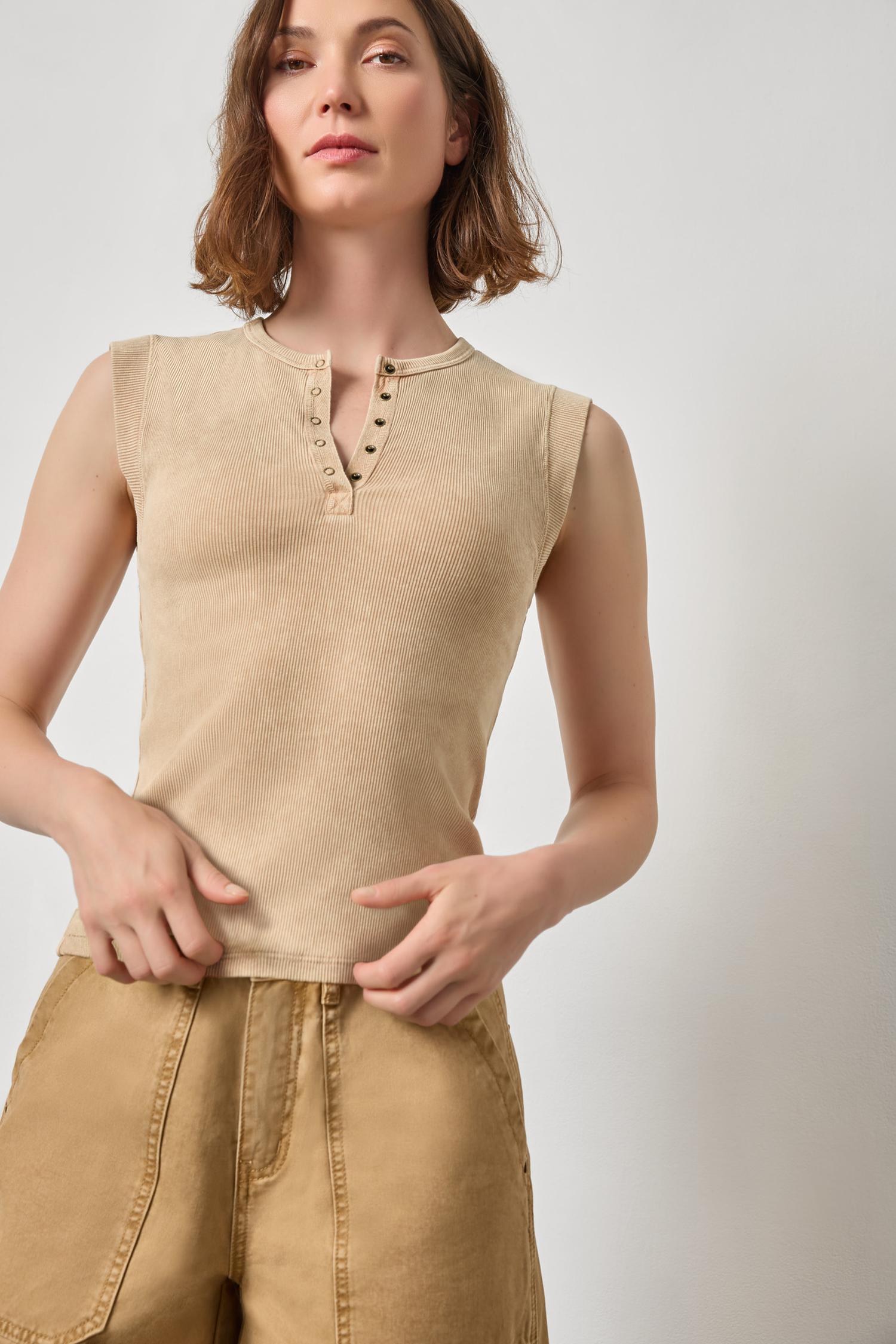 Sunwashed Cap Sleeve Henley Womens Top Burlap Wash A1