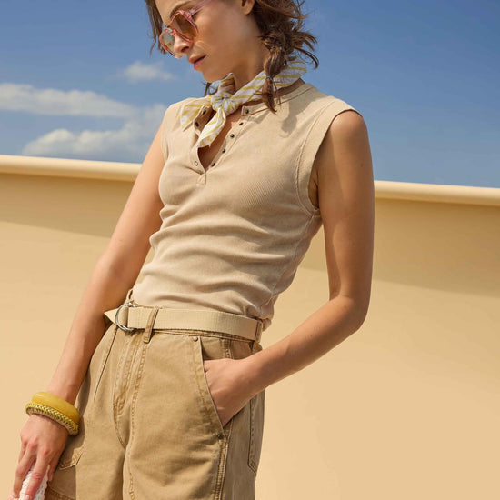 Sunwashed Cap Sleeve Henley Womens Top Burlap Wash C1