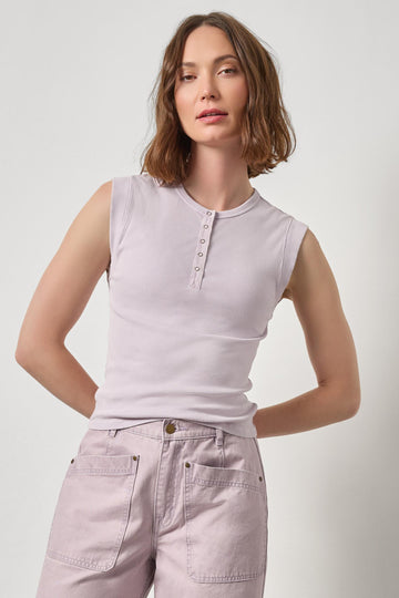 Sunwashed Cap Sleeve Henley Womens Top Freesia Wash A1