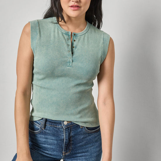 Sunwashed Cap Sleeve Henley Womens Top Seagreen Wash A1