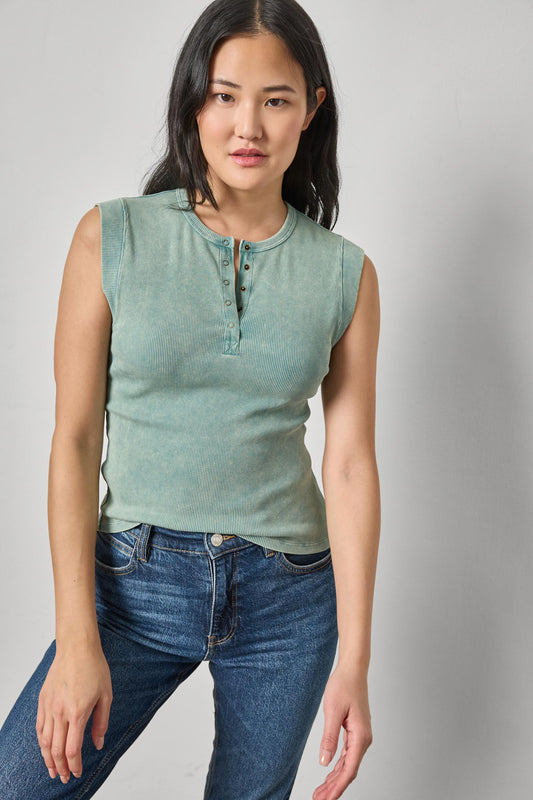 Sunwashed Cap Sleeve Henley Womens Top Seagreen Wash A1