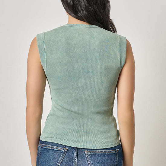 Sunwashed Cap Sleeve Henley Womens Top Seagreen Wash A2
