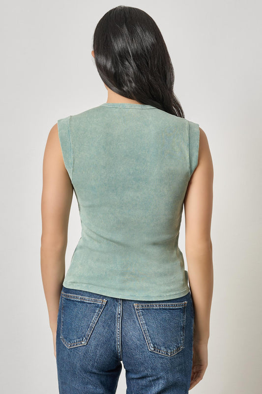 Sunwashed Cap Sleeve Henley Womens Top Seagreen Wash A2
