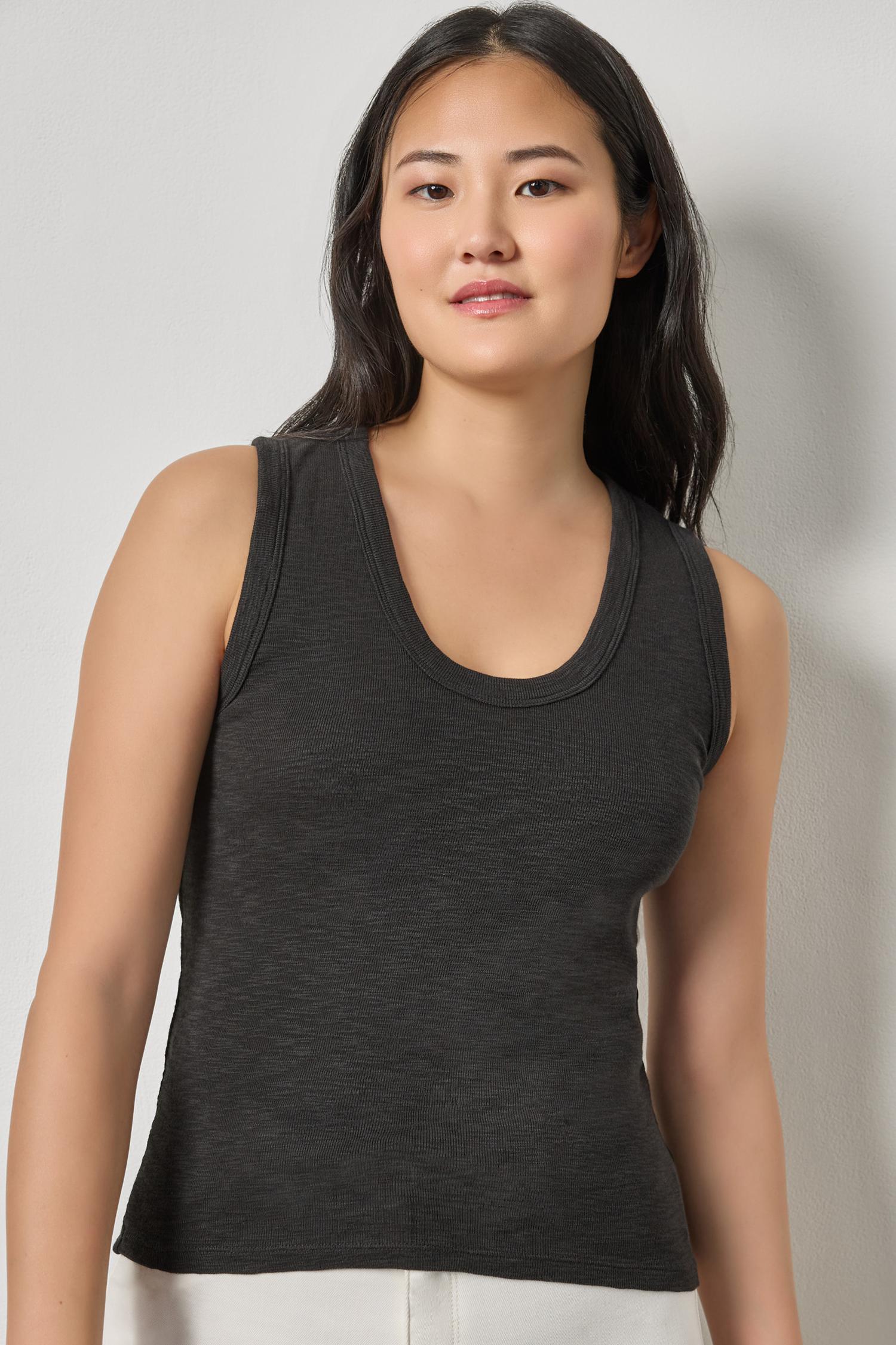 Ribbed Slub Scoop Neck Tank Womens Top Black A1