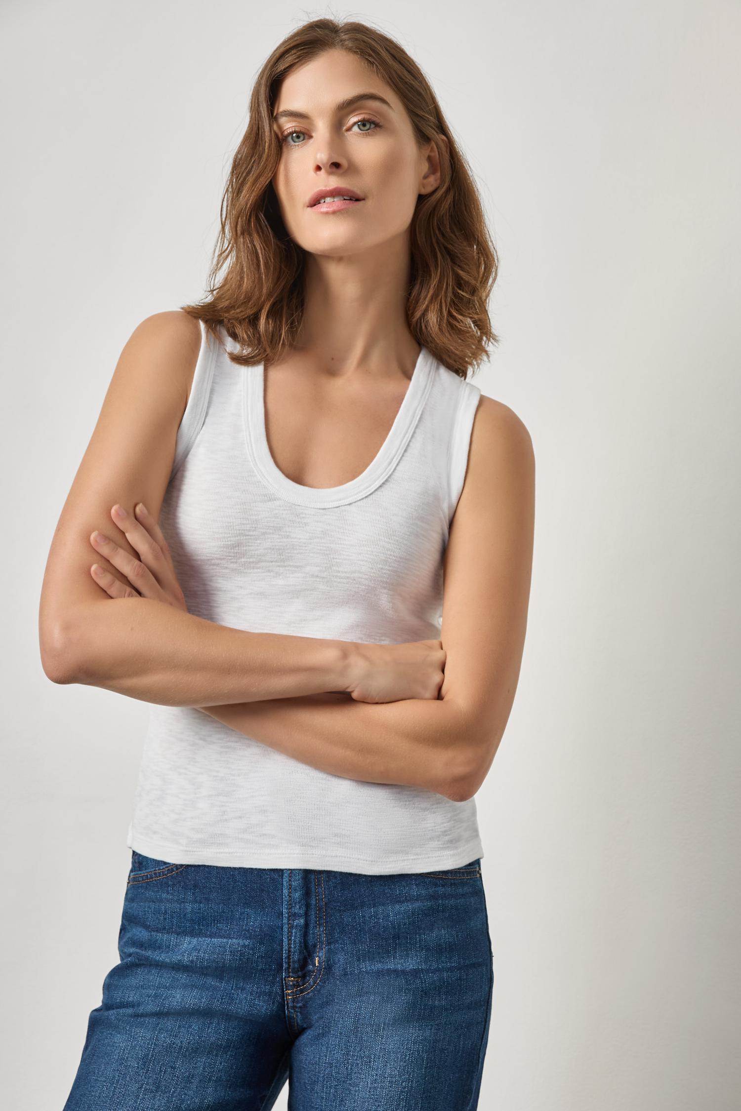 Ribbed Slub Scoop Neck Tank Womens Top White A1