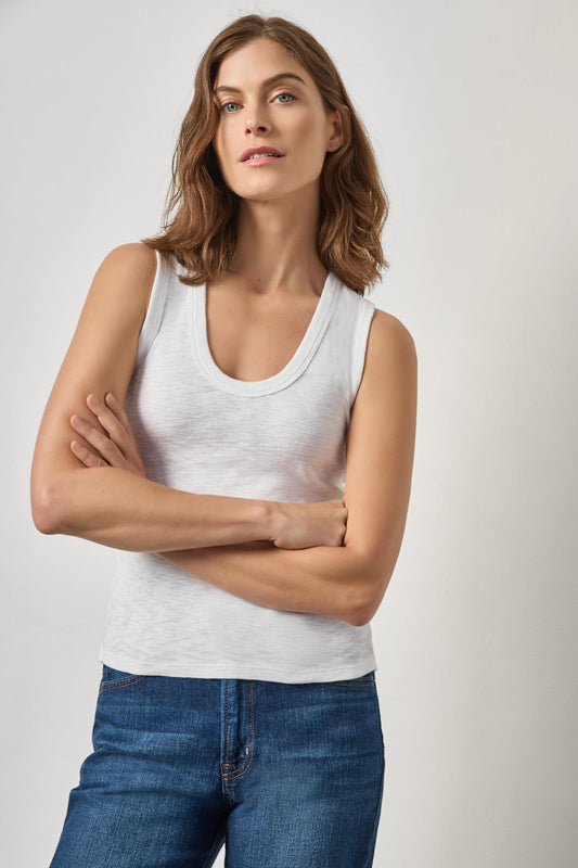 Ribbed Slub Scoop Neck Tank Womens Top White A1