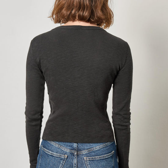 Ribbed Slub Snap V-Neck Womens Top Black A2