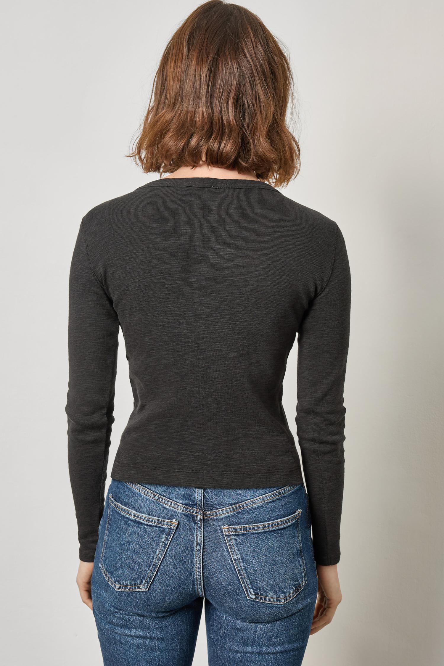 Ribbed Slub Snap V-Neck Womens Top Black A2