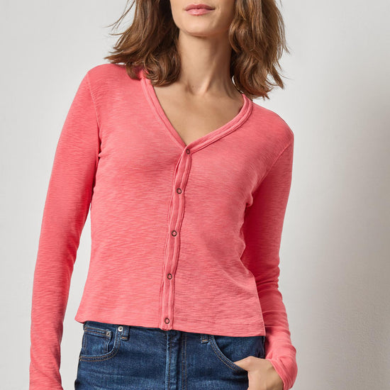 Ribbed Slub Snap V-Neck Womens Top Geranium A1
