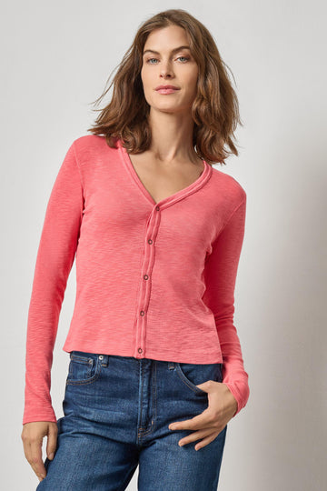 Ribbed Slub Snap V-Neck Womens Top Geranium A1