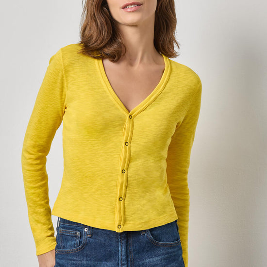 Ribbed Slub Snap V-Neck Womens Top Sunflower A1