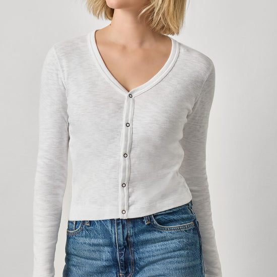 Ribbed Slub Snap V-Neck Womens Top White A1
