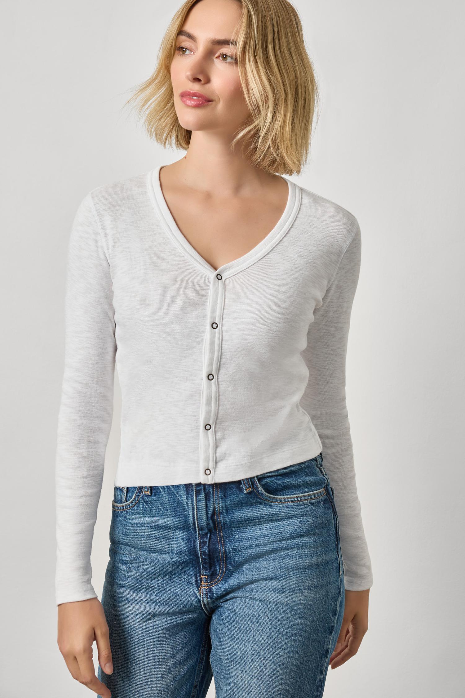 Ribbed Slub Snap V-Neck Womens Top White A1
