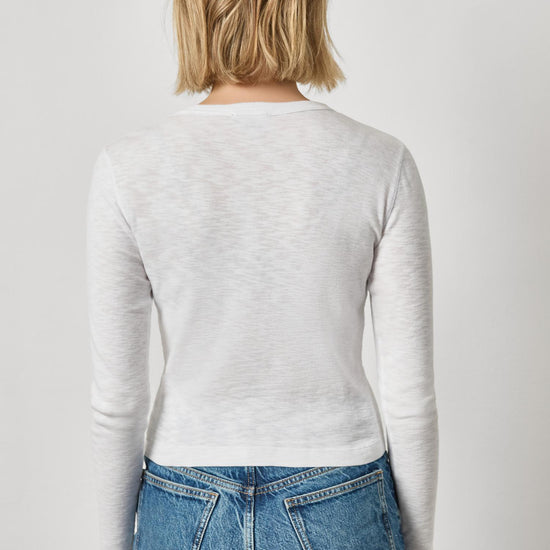 Ribbed Slub Snap V-Neck Womens Top White A2