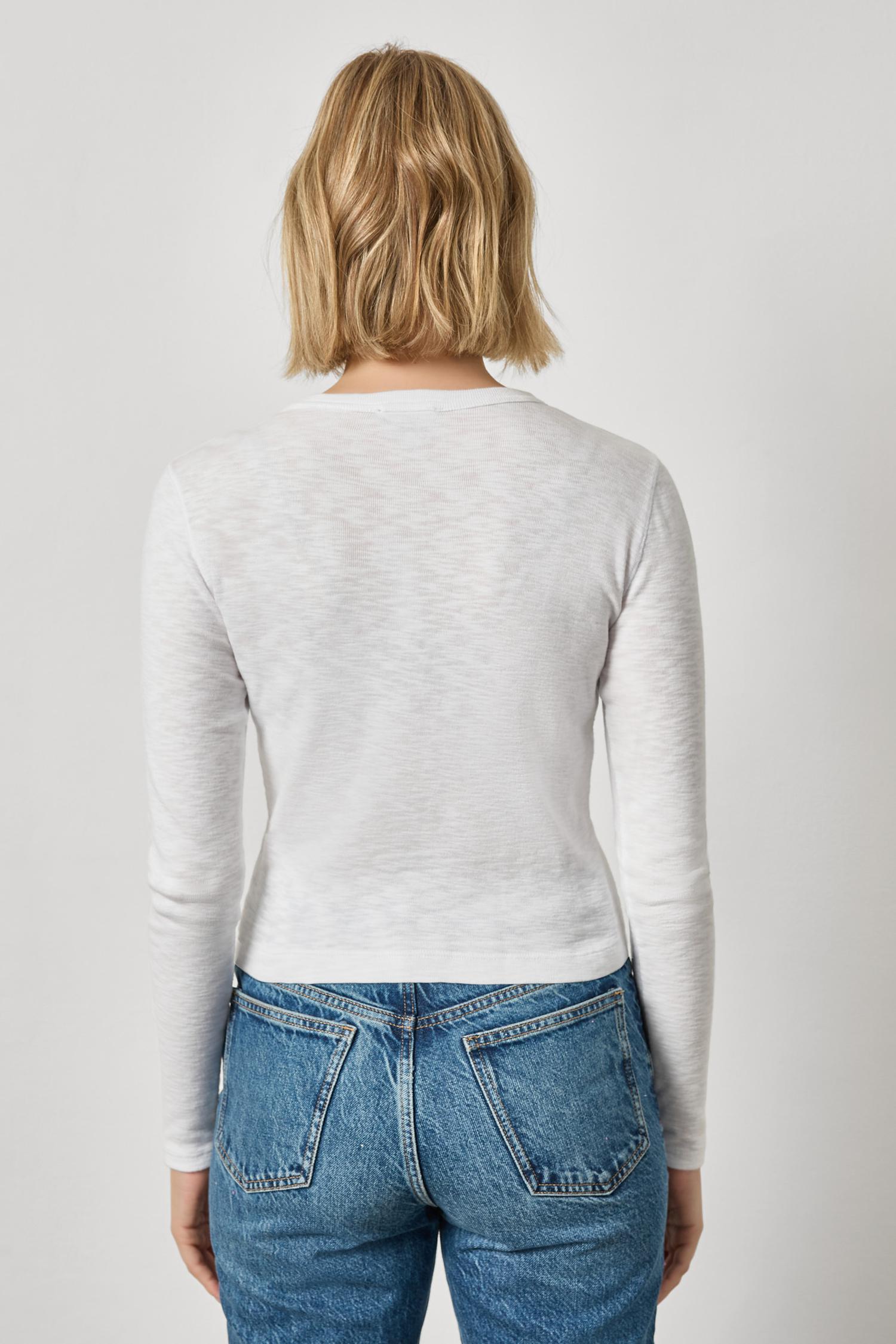 Ribbed Slub Snap V-Neck Womens Top White A2