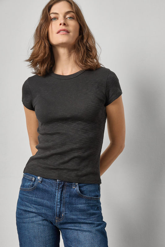 Ribbed Slub Crewneck Tee Womens Top Black A1