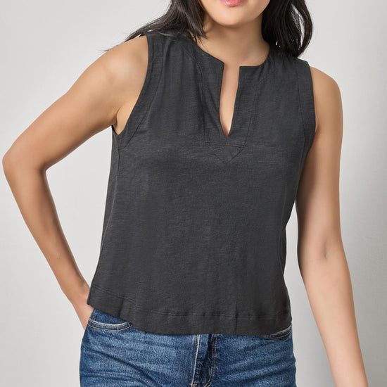 Pleat Back Split Neck Tank Womens Top Black A1