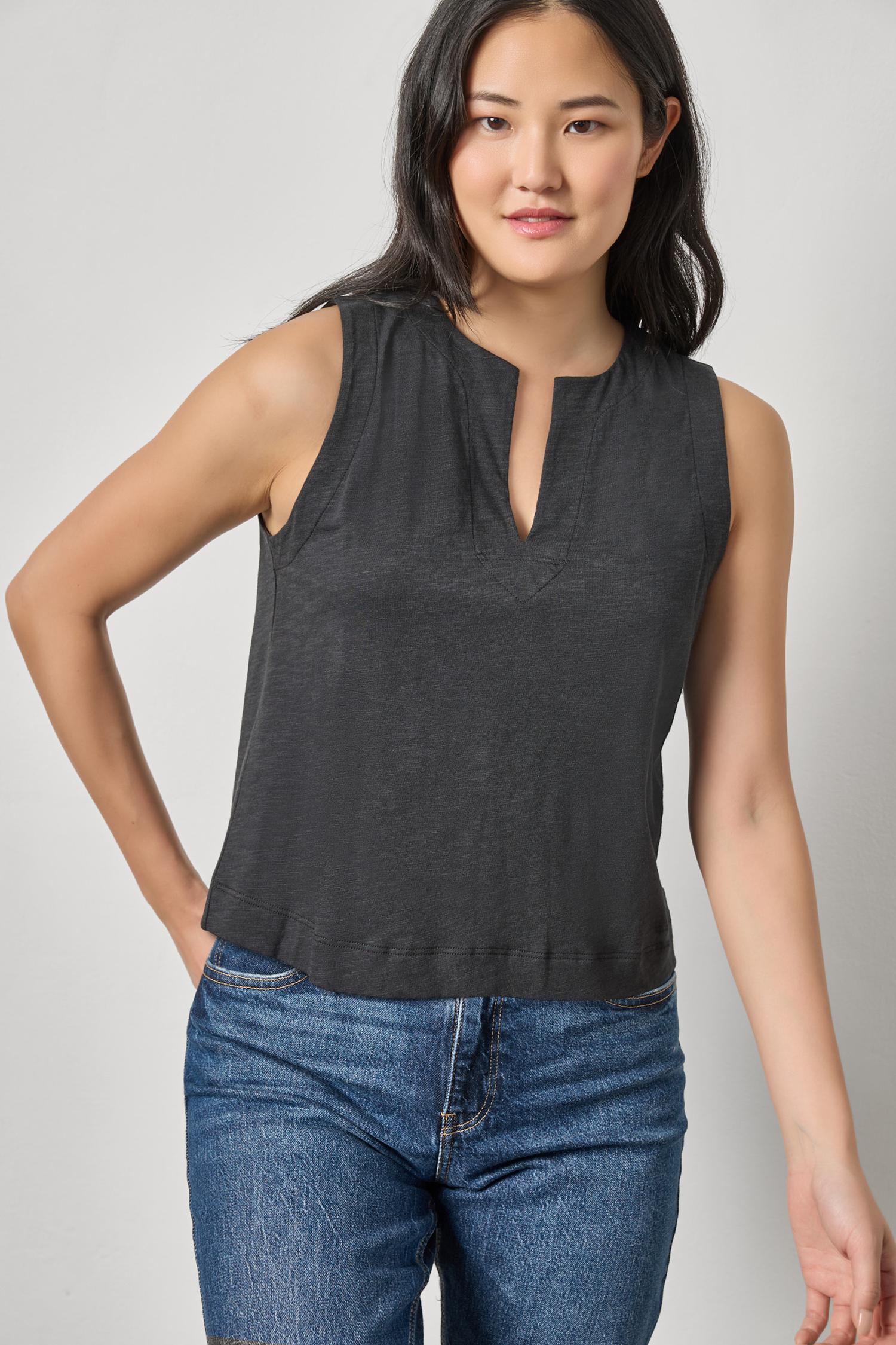 Pleat Back Split Neck Tank Womens Top Black A1