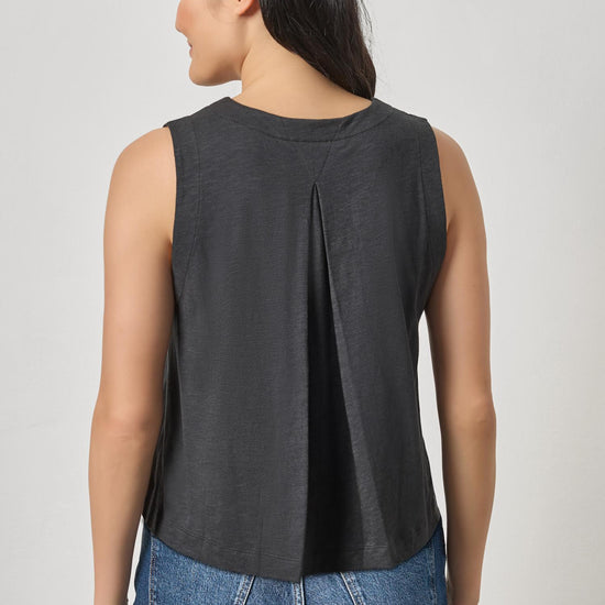 Pleat Back Split Neck Tank Womens Top Black A2