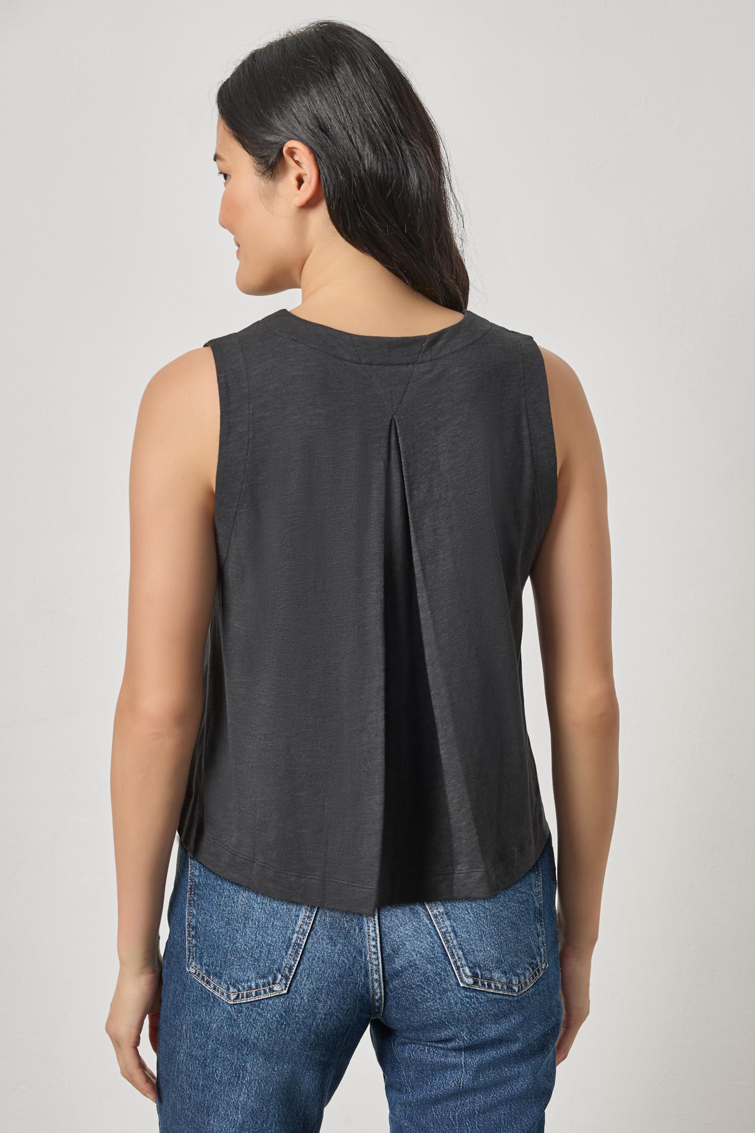 Pleat Back Split Neck Tank Womens Top Black A2