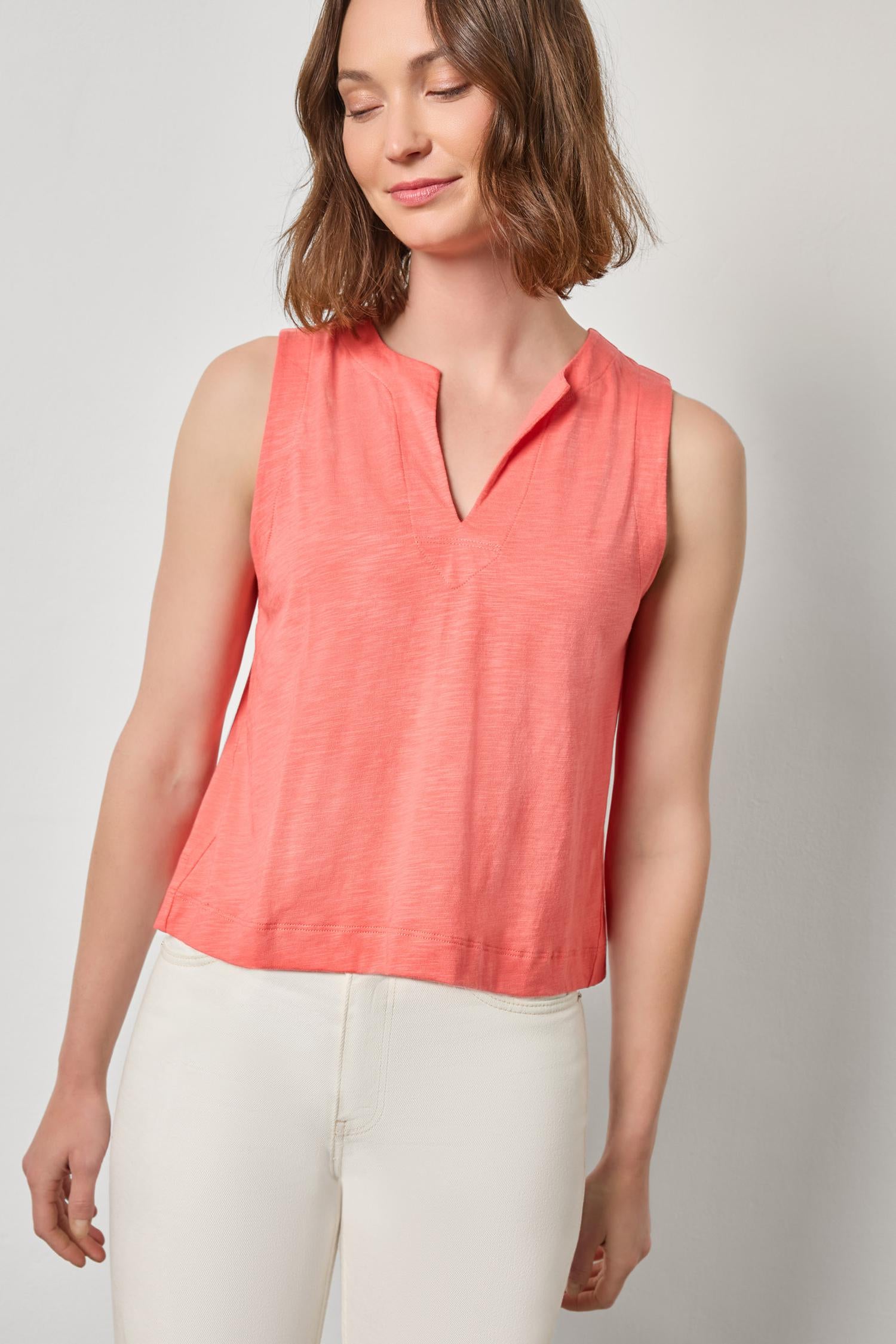 Pleat Back Split Neck Tank Womens Top Sunkist A1