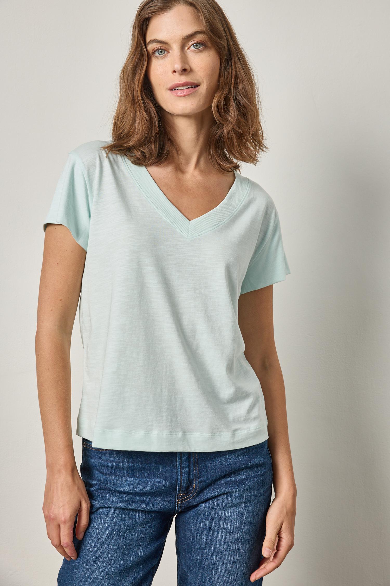 Relaxed Short Sleeve V-Neck Tee Womens Top Aquamint A1