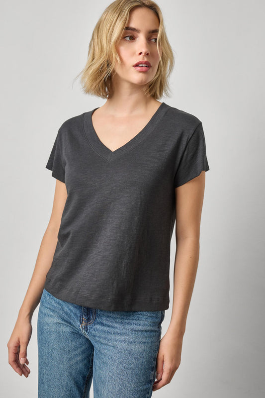 Relaxed Short Sleeve V-Neck Tee Womens Top Black A1