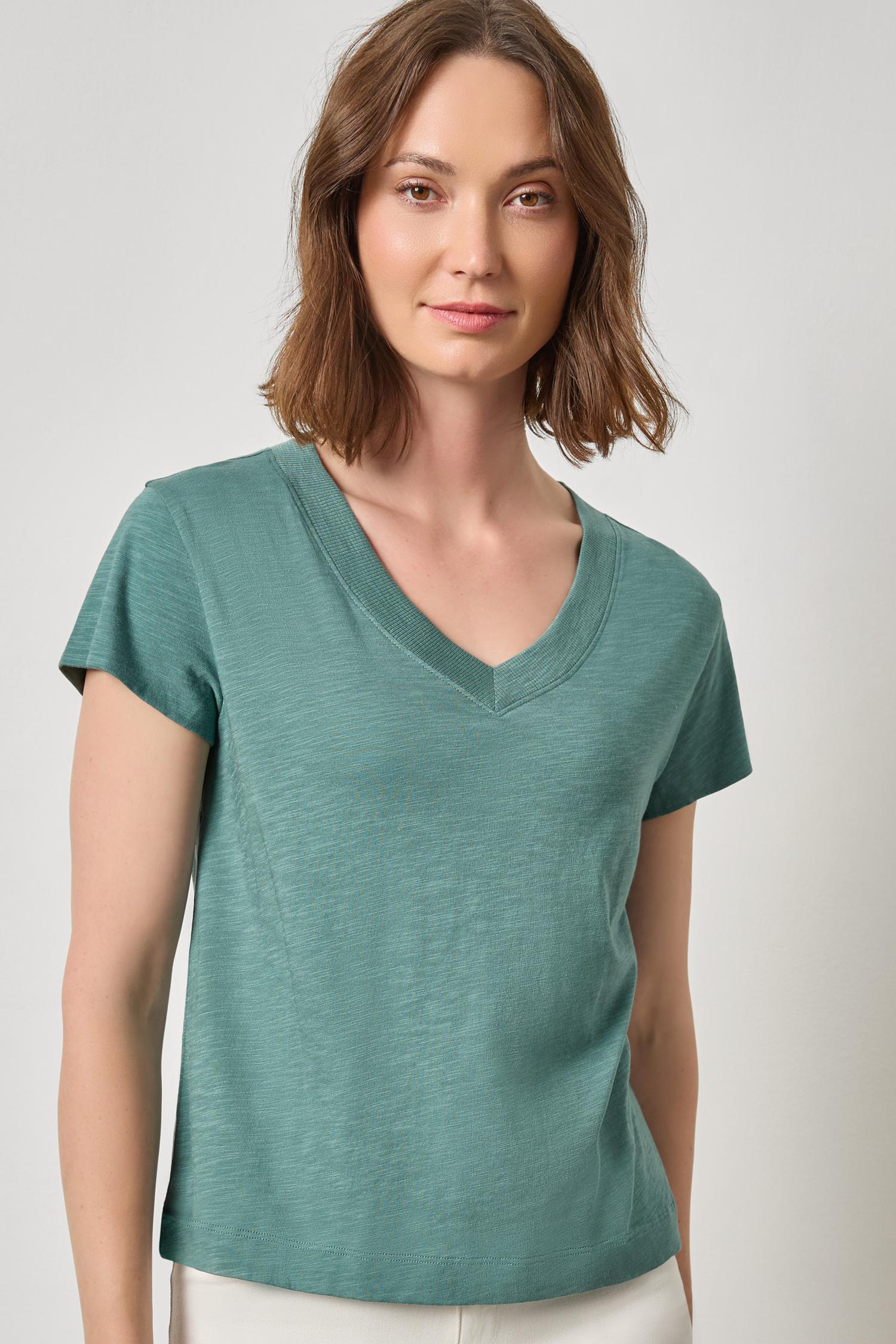 Relaxed Short Sleeve V-Neck Tee Womens Top Eucalyptus A1