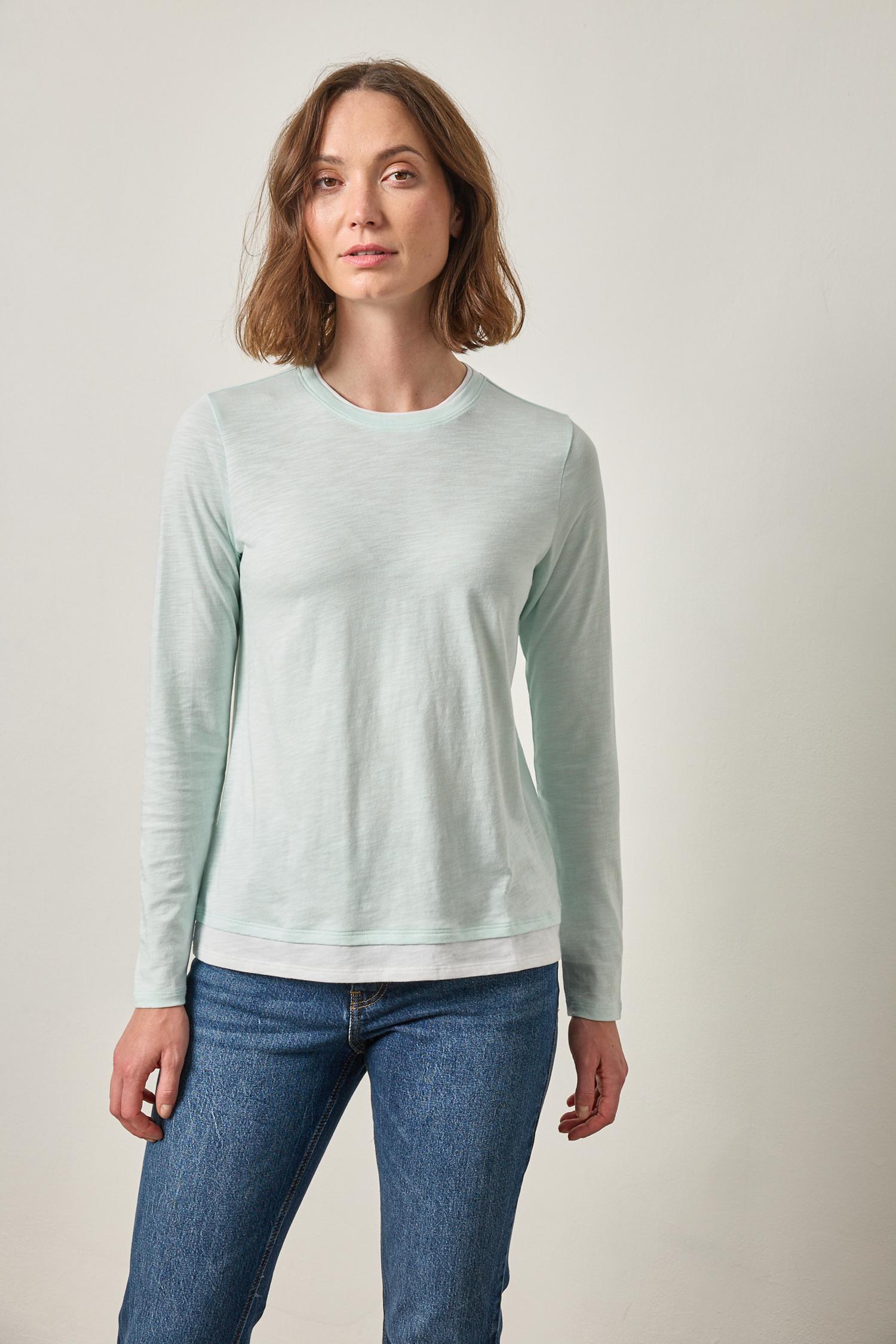Paneled Hem Long Sleeve Crew Womens Top Aquamint A1