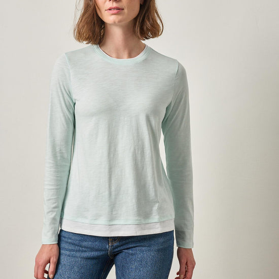 Paneled Hem Long Sleeve Crew Womens Top Aquamint A1