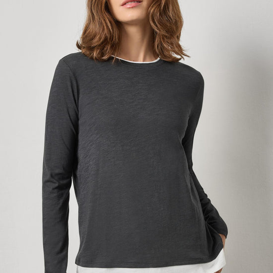 Paneled Hem Long Sleeve Crew Womens Top Black A1