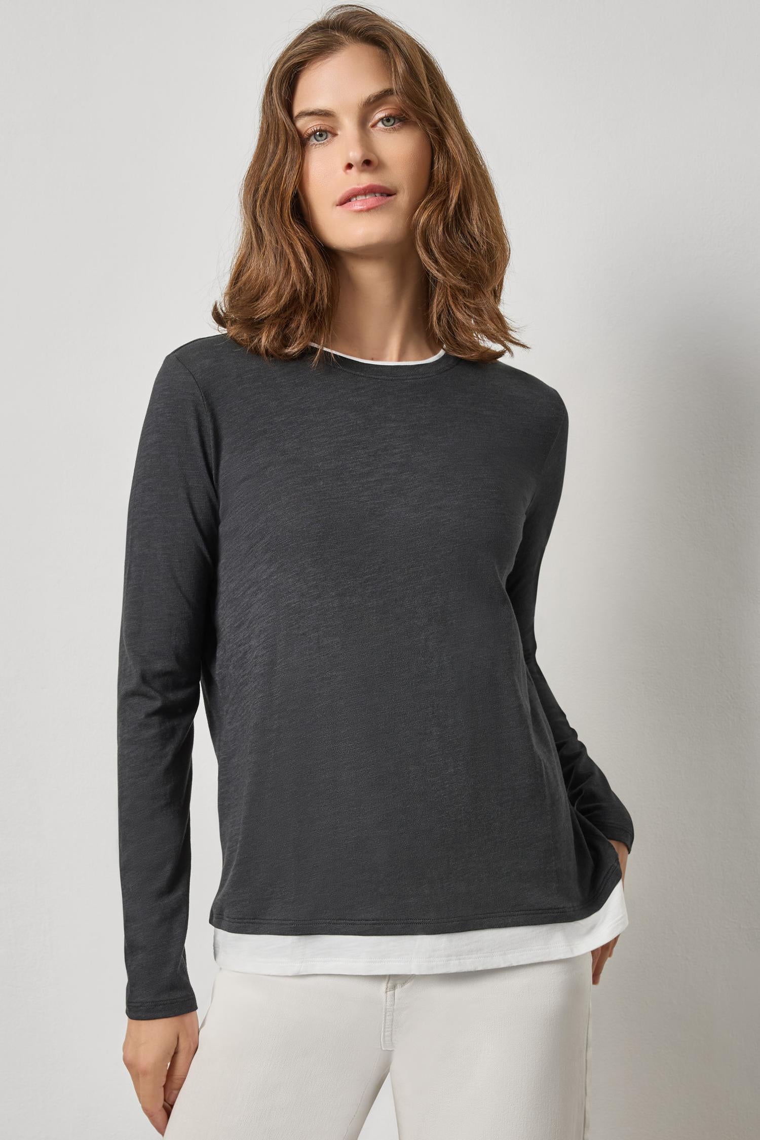 Paneled Hem Long Sleeve Crew Womens Top Black A1