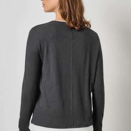 Paneled Hem Long Sleeve Crew Womens Top Black A2