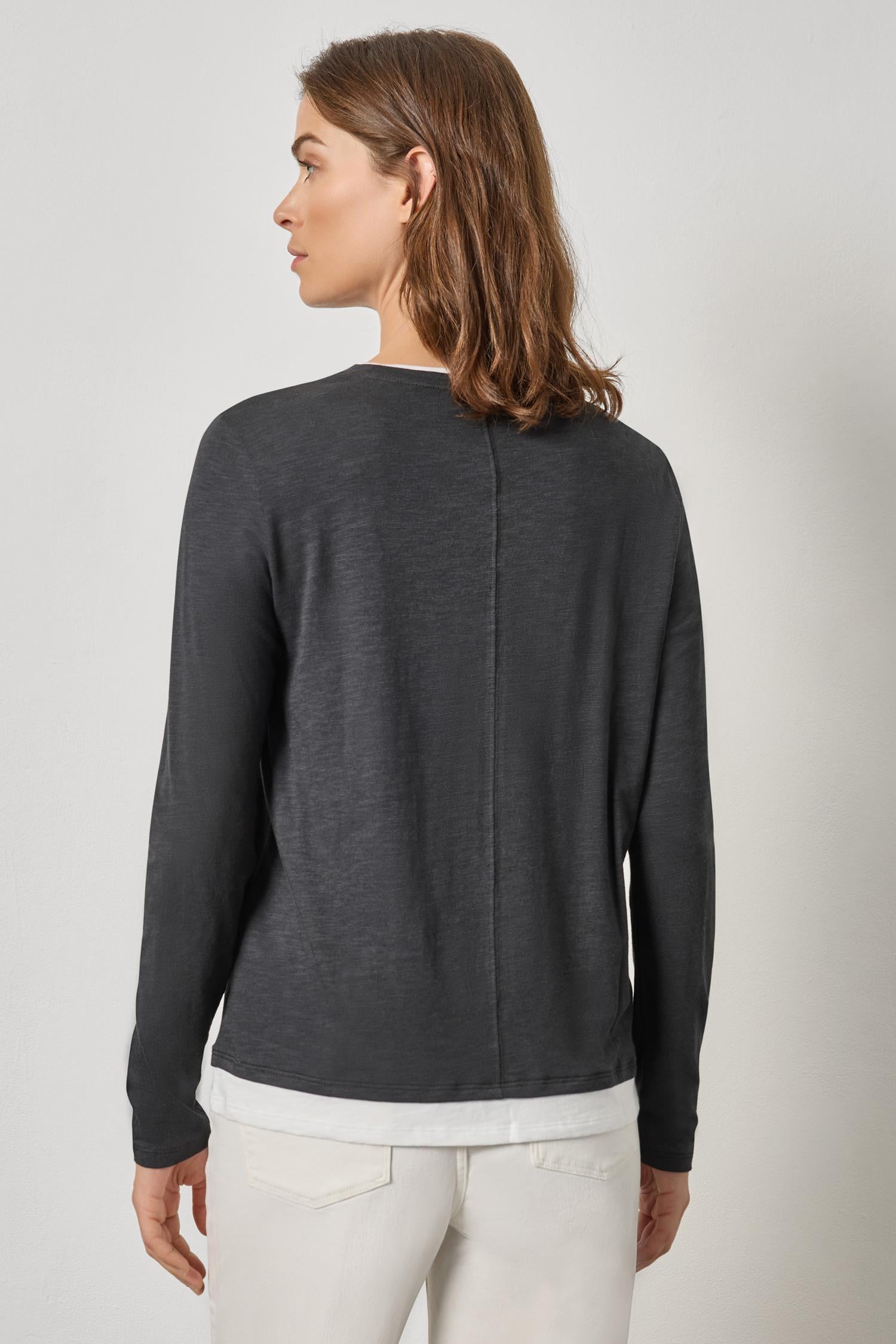 Paneled Hem Long Sleeve Crew Womens Top Black A2