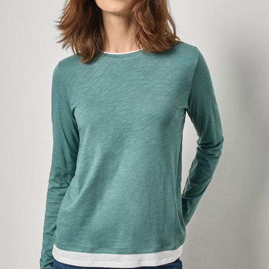 Paneled Hem Long Sleeve Crew Womens Top Eucalyptus A1