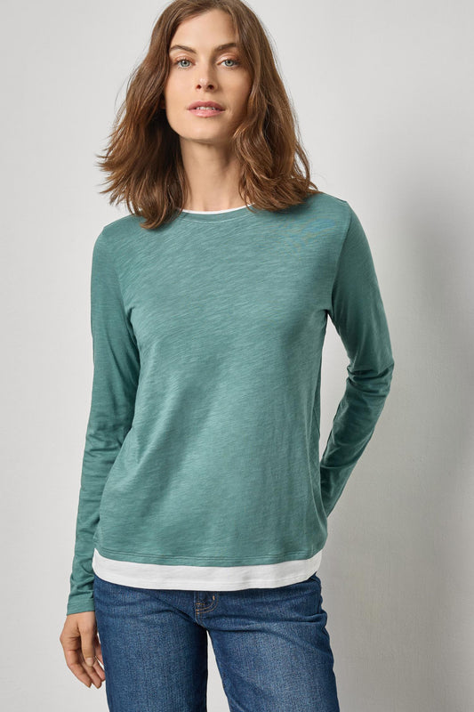 Paneled Hem Long Sleeve Crew Womens Top Eucalyptus A1